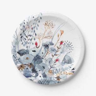 Indigo & Ochre - Watercolor Flowers Paper Plate