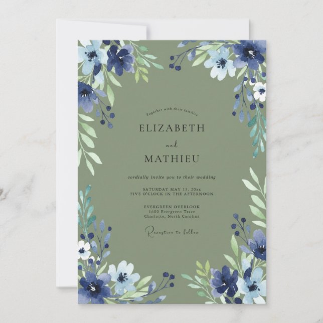 Indigo Olive Petal Wedding Invitation (Front)