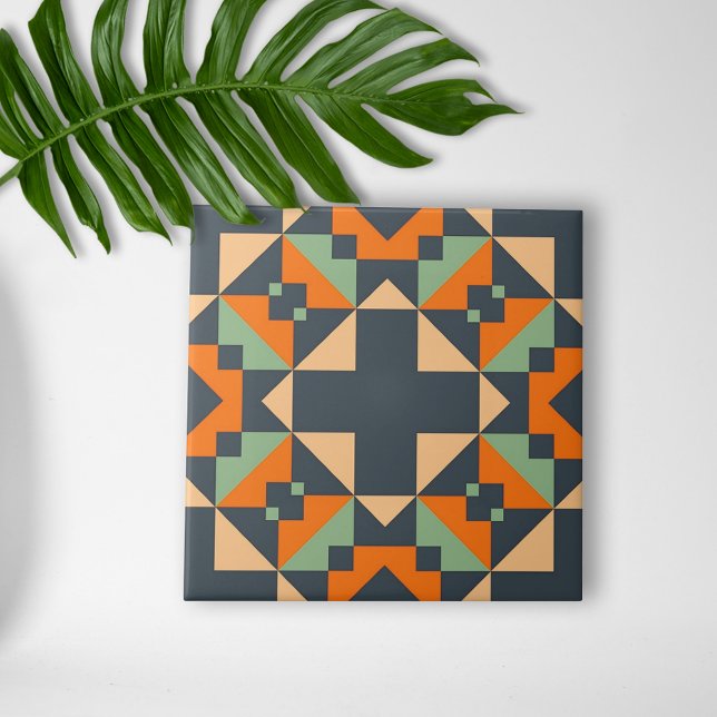 Indigo Orange Teal Beige Geometric Ethnic Tribal  Tile (Creator Uploaded)