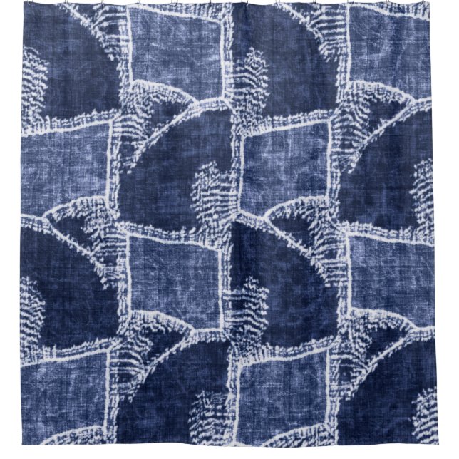 Indigo Patchwork: Textured Checked Elegance Shower Curtain (Front)