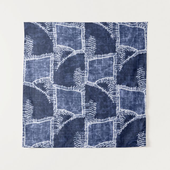 Indigo Patchwork: Textured Checked Elegance Tapestry (Front)