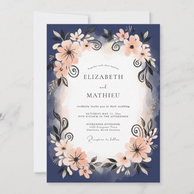 Indigo Peach Petal Wedding Invitation (Front)