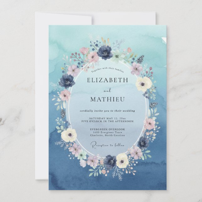 Indigo Periwinkle Wreath Wedding Invitation (Front)