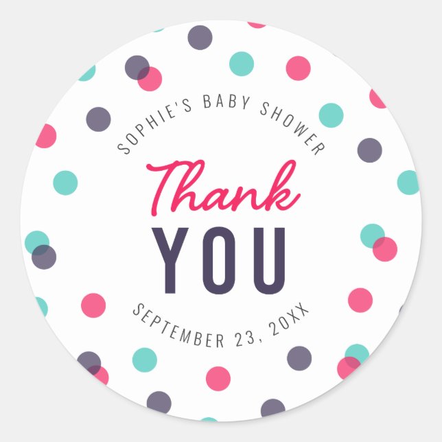 Indigo Pink Teal Confetti Baby Shower Thank You Classic Round Sticker (Front)
