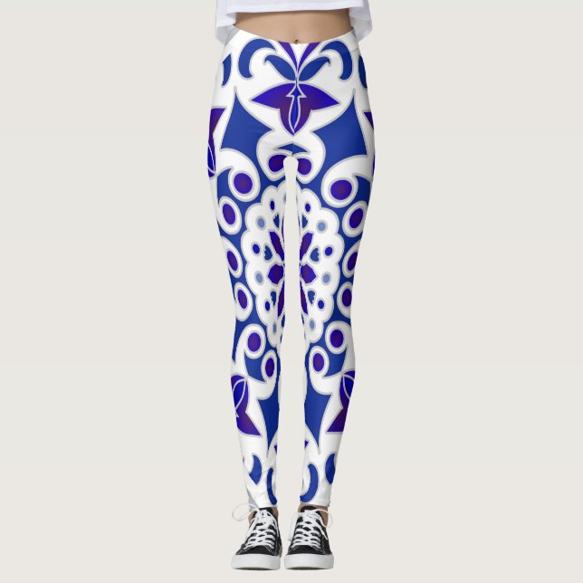 Indigo Portuguese Azulejos Blue and White Tiles Leggings (Front)