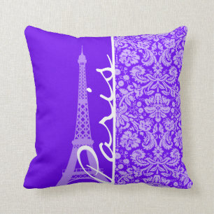 Indigo, Purple Damask; Paris; Eiffel Tower Cushion
