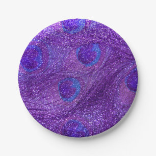 indigo purple glitter peacock feathers paper plate
