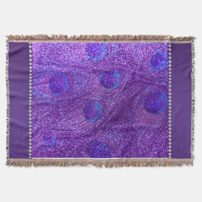 indigo purple glitter peacock feathers throw blanket (Front)