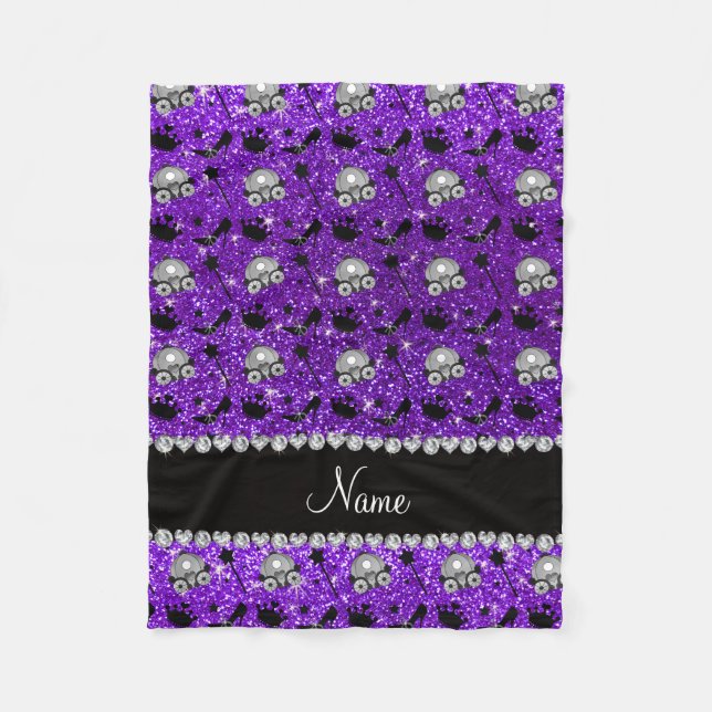 Indigo purple glitter princess crowns wands stars fleece blanket (Front)