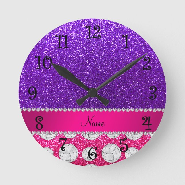 Indigo purple neon hot pink glitter volleyballs round clock (Front)