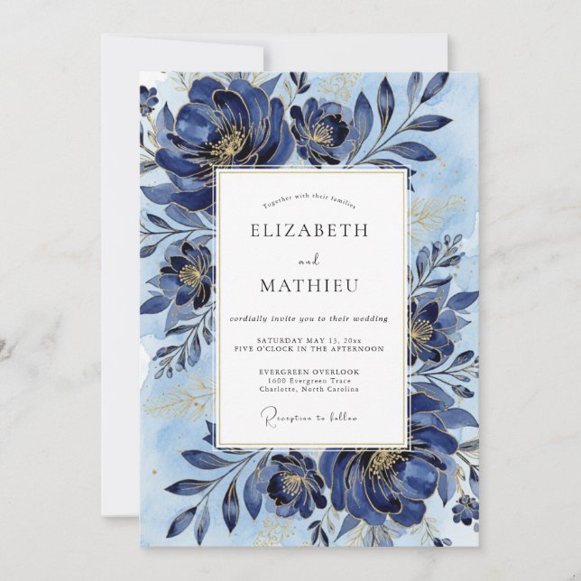 Indigo Regal Peony Wedding Invitation (Front)