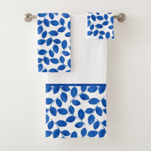 Indigo Royal Blue Watercolor Leaves Pattern Bath T Towel Set