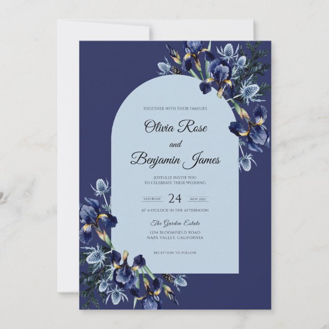 Indigo Sapphire Bloom Wedding Invitation (Front)