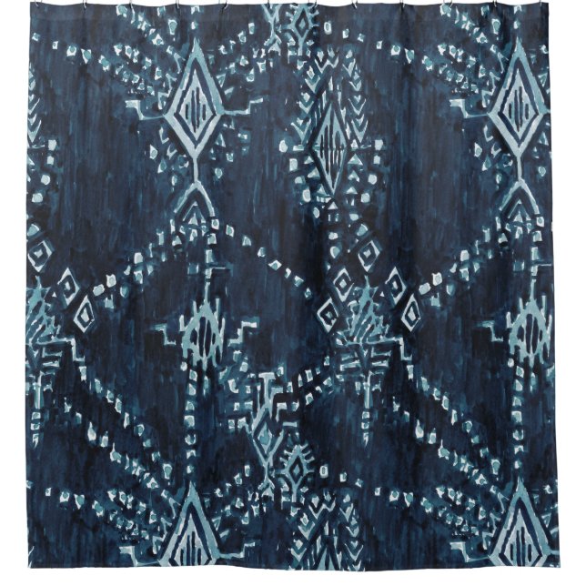 Indigo Satellite Ikat Tribal Watercolor Shower Curtain (Front)