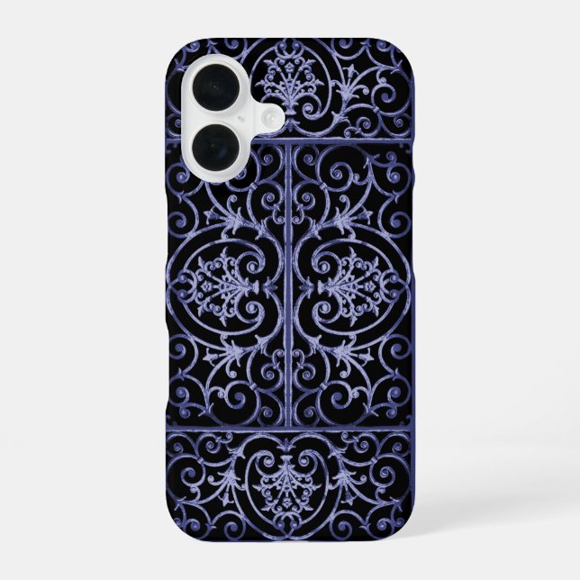 Indigo scrollwork pattern iPhone 16 case (Back)
