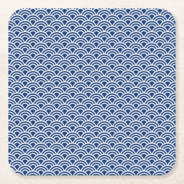Indigo Seigaiha pattern Square Paper Coaster (Front)
