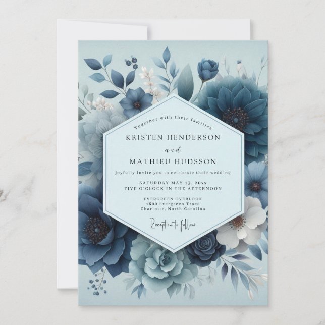 Indigo Slate Blue Floral Wedding  Invitation (Front)