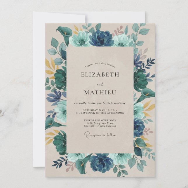 Indigo Slate Peony Wedding Invitation (Front)