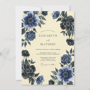 Indigo Slate Ranunculus Eucalyptus Wedding Invitation