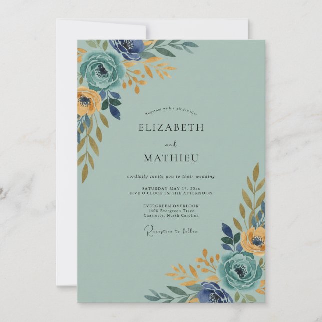 Indigo Soft Gold Leafy Wedding Invitation (Front)