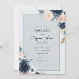 Indigo Soft Peach Peony Wedding Invitation