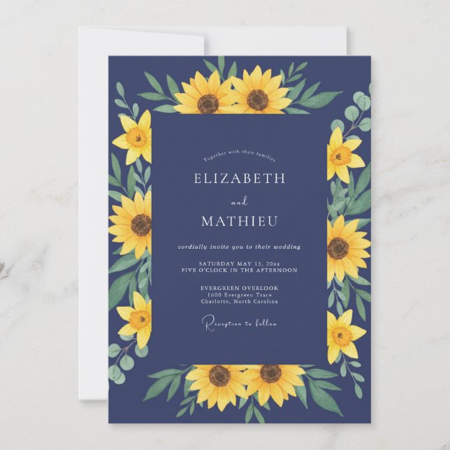 Indigo Sunflower Eucalyptus Wedding Invitation (Front)