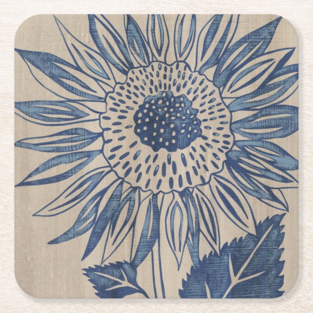 Indigo Sunflower Square Paper Coaster (Front)