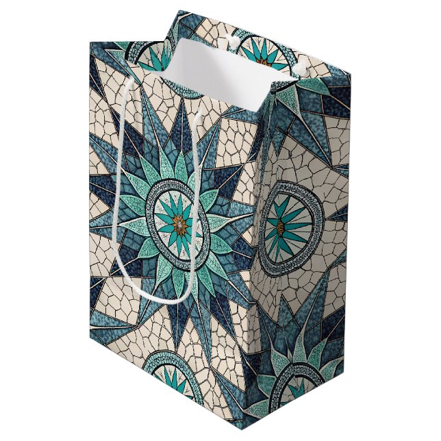 Indigo Teal Compass Mosaic – Stained Glass Medium Gift Bag (Front Angled)