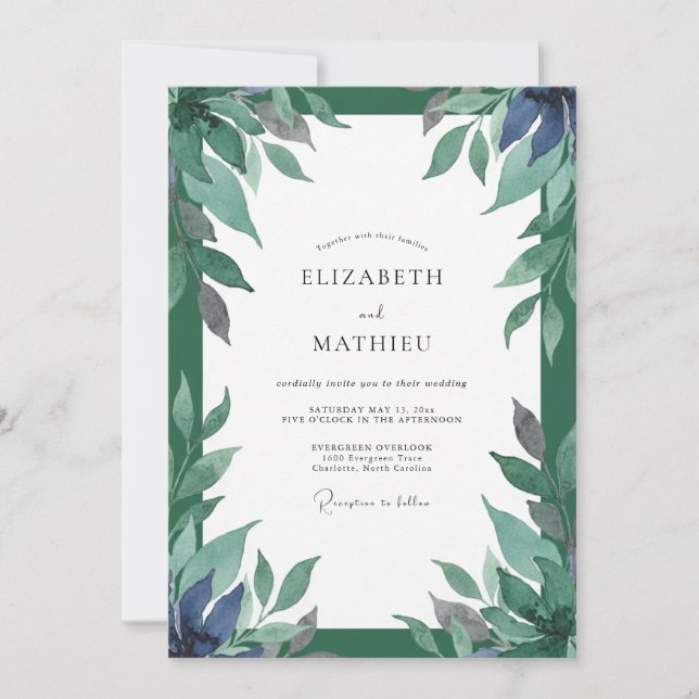 Indigo Teal Foliage Dusty Eucalyptus Wedding Invitation (Front)