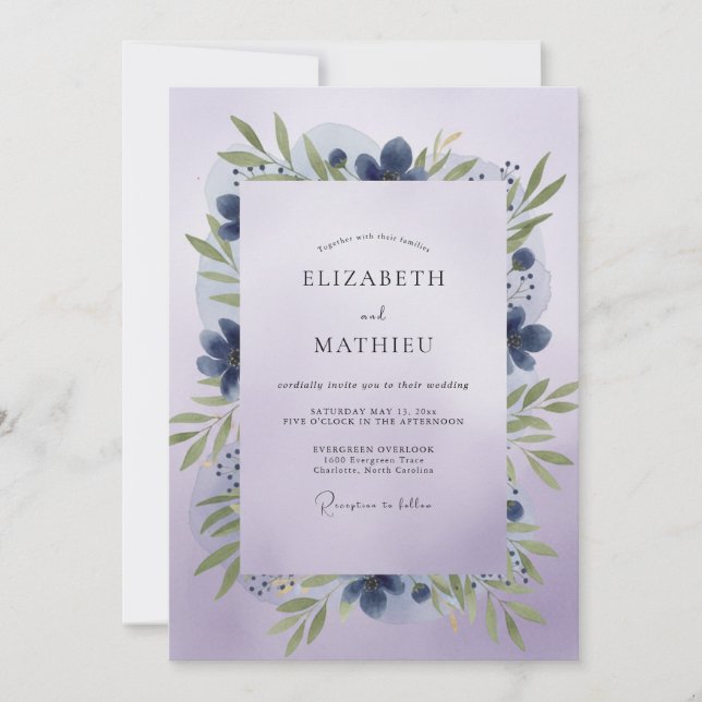 Indigo Violet Leafy Wedding Invitation (Front)