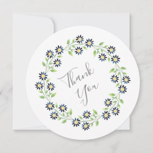 Indigo Watercolor Daisies Wreath Thank You Card