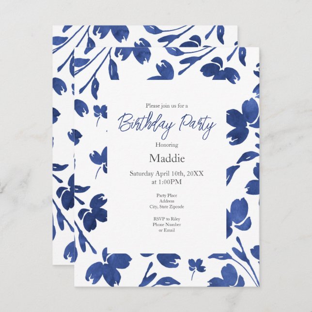 Indigo Watercolor Flower Stems  Invitation (Front/Back)