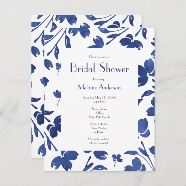 Indigo Watercolor Flower Stems  Invitation (Front/Back)