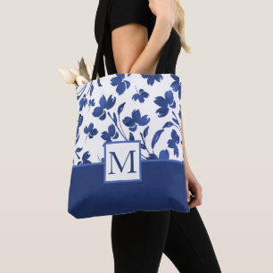 Indigo Watercolor Flower Stems Tote Bag