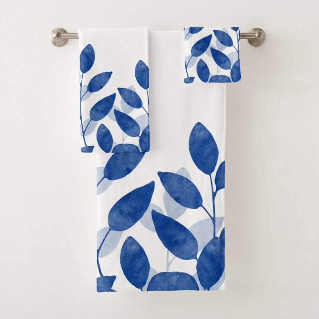 Indigo Watercolor Leaves Bath Towel Set (Insitu)