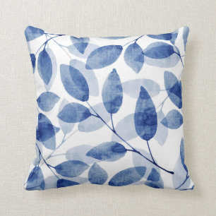 Indigo Watercolor Leaves Cushion