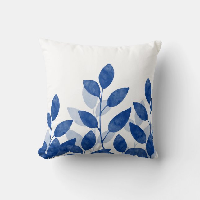 Indigo Watercolor Leaves Cushion (Front)