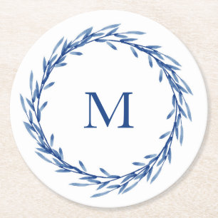 Indigo Watercolor Leaves Wreath Round Paper Coaster