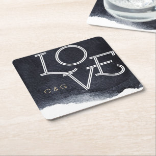 Indigo watercolor modern simple couple monogram square paper coaster