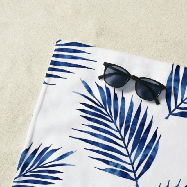 Indigo Watercolor Palm Fronds Pattern Beach Towel (In Situ)