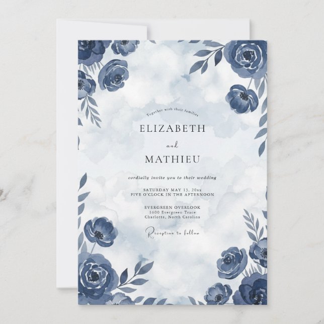 Indigo Watercolor Rose Wedding Invitation (Front)