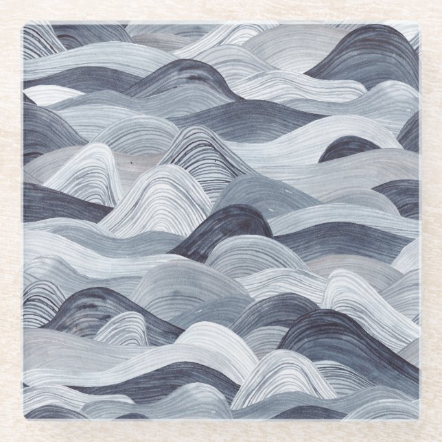 Indigo Watercolor Wave Seamless Glass Coaster (Front)