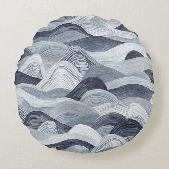 Indigo Watercolor Wave Seamless Round Cushion (Front)