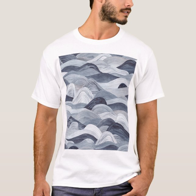 Indigo Watercolor Wave Seamless T-Shirt (Front)