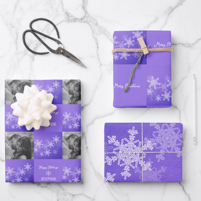 Indigo White Snowlfake Minimalist Photo Christmas  Wrapping Paper Sheet (Front)