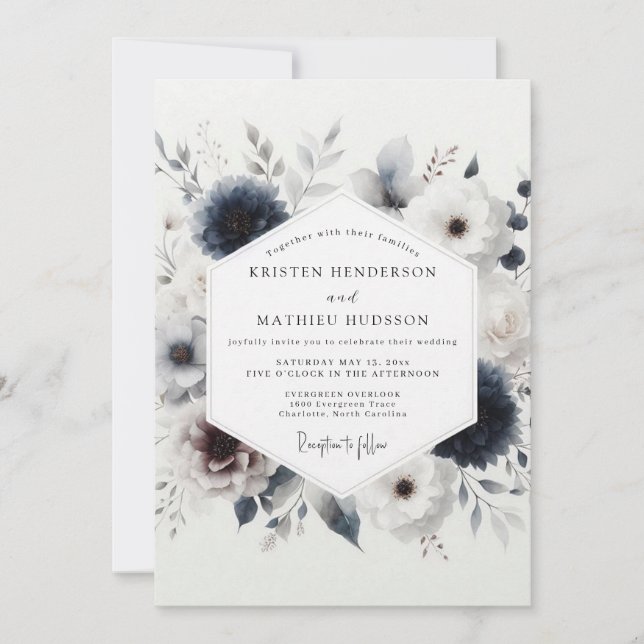 Indigo Winter Floral Wedding Invitation (Front)