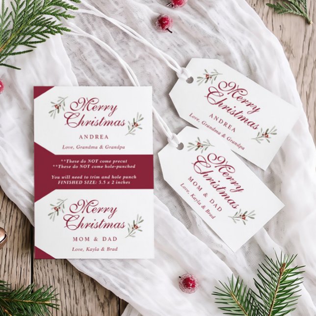Individual Personalised Merry Christmas Gift Tags (Red and white Christmas gift tags with elegant script, watercolor greenery and recipient names.)