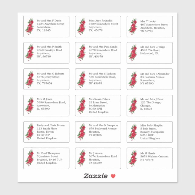 Individual Wedding Guest Name Address Red Roses (Sheet)