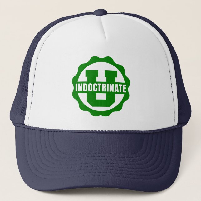 "Indoctrinate U" Navy Blue and White Trucker Hat (Front)
