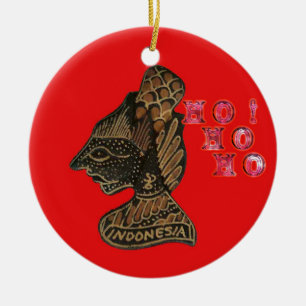 Indonesi Shadow Puppet Hohoho Design on Red canvas Ceramic Tree Decoration